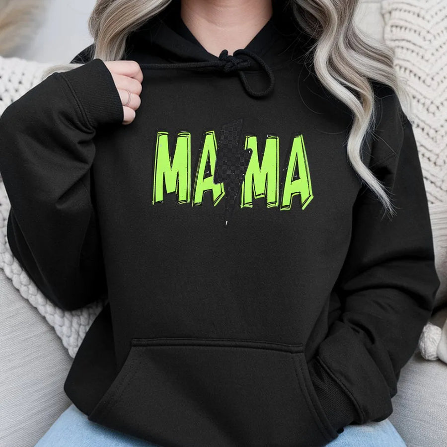Mama Hoodie | Neon Green Lightning Bolt Graphic | Soft Cotton Blend | Trendy Gift For Mom, Birthday Gift, Casual Streetwear