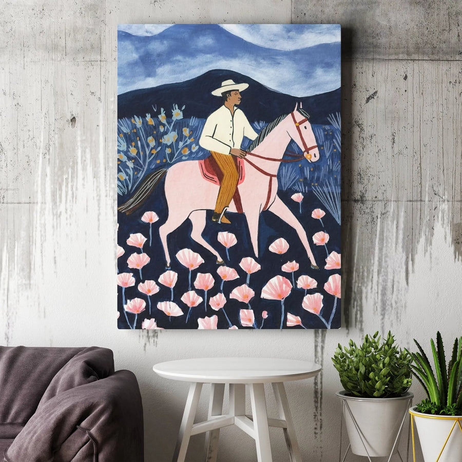 Southwestern Cowboy Canvas Art | Pink Horse Equestrian Print | Gallery Wrapped Premium Decor | Whimsical Western Wall Art for Modern Home