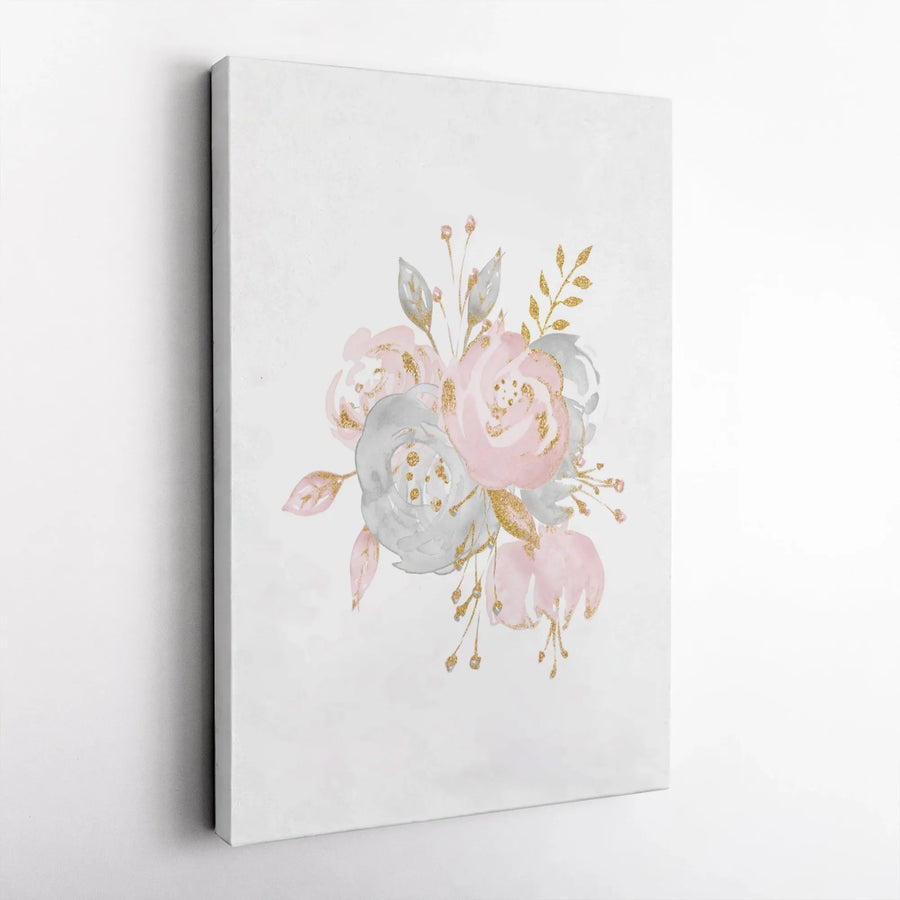 Pink and Grey Floral Canvas Wall Art | Watercolor Flower Bouquet with Gold Glitter Accents | Gallery-Quality 1.25" Profile | Modern Home Decor Gift