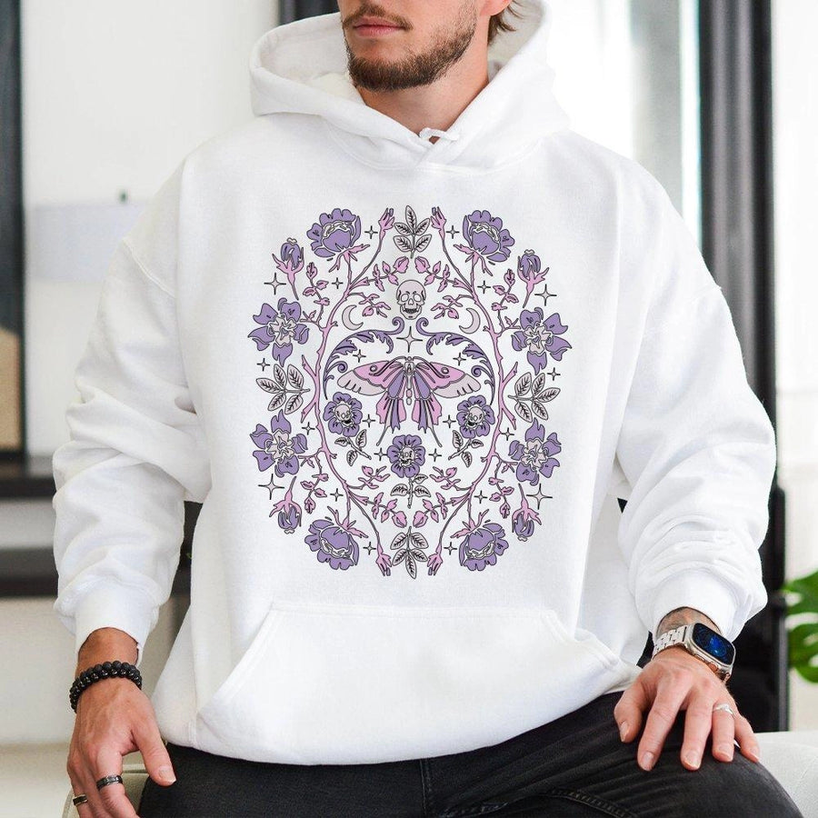 Pastel Goth Butterfly Hoodie | Botanical Floral Skull Graphic Design | Premium Cotton-Blend Pullover | Creepy Cute Gift for Dark Academia Fans