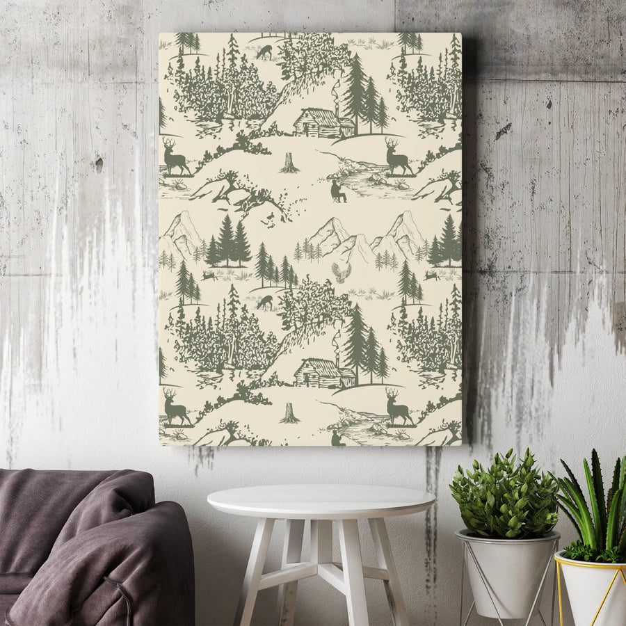 Rustic Woodland Toile Canvas Art | Deer Cabin Pine Tree Landscape Print | Gallery Wrapped Premium Quality | Cabin Decor For Nature Lovers