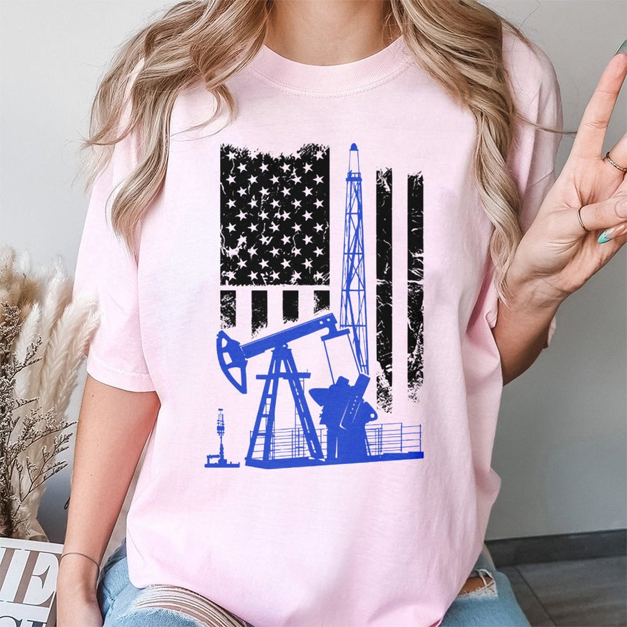 Oilfield Worker T-Shirt | Patriotic American Flag & Oil Rig Graphic | 100% Premium Cotton | Oil & Gas Industry Gift for Men