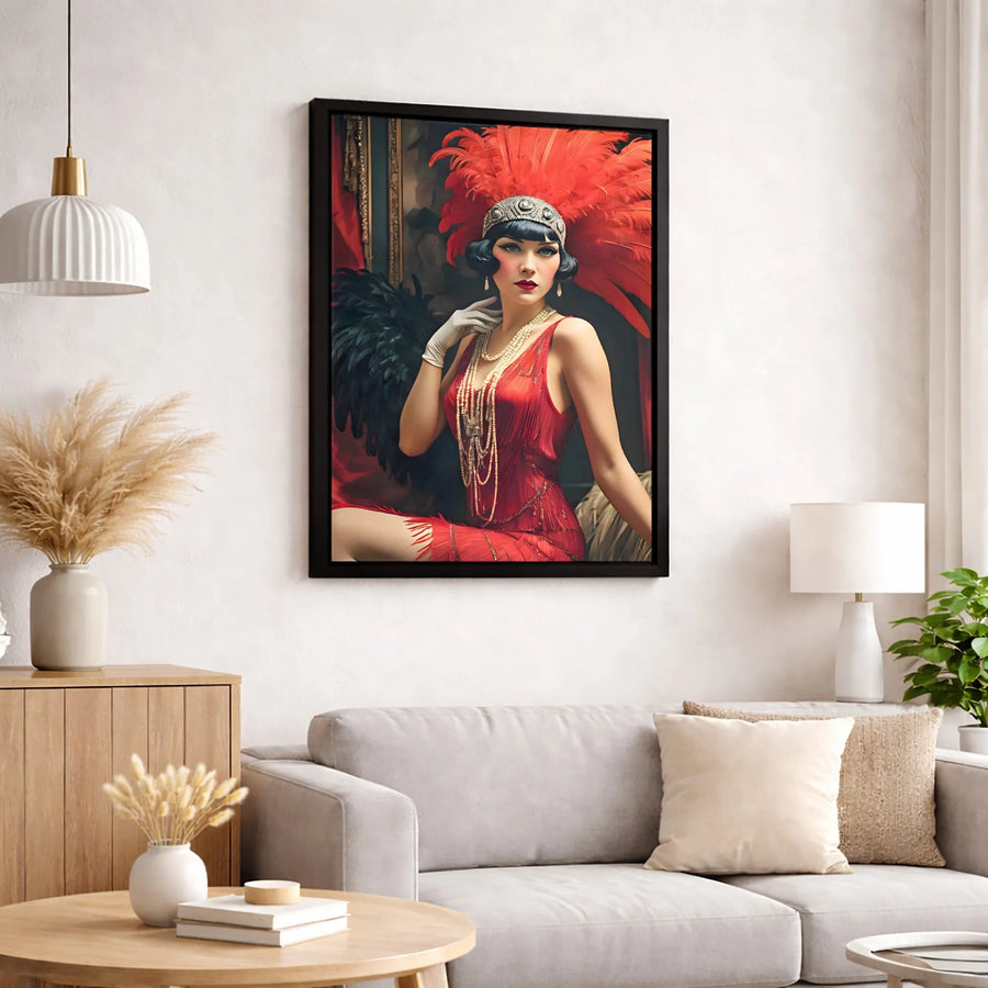Art Deco Flapper Canvas Print | Roaring 20s Red Feather Glamour | Gallery Quality 1.25 Inch Profile | Elegant Vintage Wall Art Decor