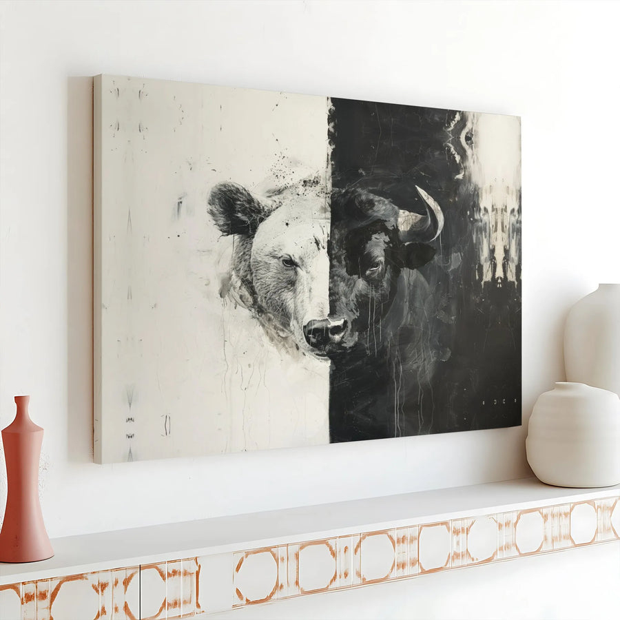 Bull and Bear Stock Market Horizontal Canvas | Split Face Abstract Black and White Print | Premium 1.25" Gallery Wrap | Office Wall Art Decor Gift for Day Traders & Investors