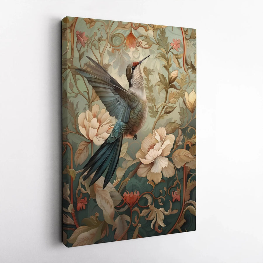 Hummingbird Wall Art Canvas | Art Nouveau Floral Bird Print | Premium Gallery Wrap Decor | Nature Inspired Gift for Home Office