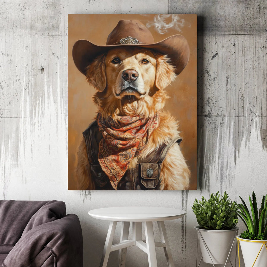 Cowboy Golden Retriever Canvas Wall Art | Funny Western Dog Portrait | Premium High-Resolution Print | Unique Decor Gift for Dog Lovers