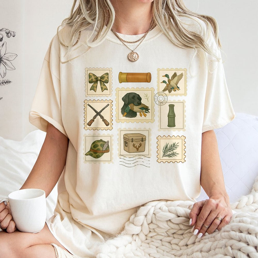 Duck Hunting T-Shirt | Vintage Stamp Collage Graphic | 100% Soft Cotton Tee | Cute Coquette Country Lifestyle Gift for Her