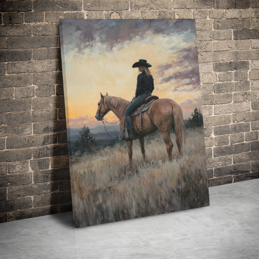 Cowgirl on Horse Canvas Wall Art | Rustic Western Sunset Painting | Premium Gallery Wrapped Decor | Equestrian Farmhouse Gift for Her