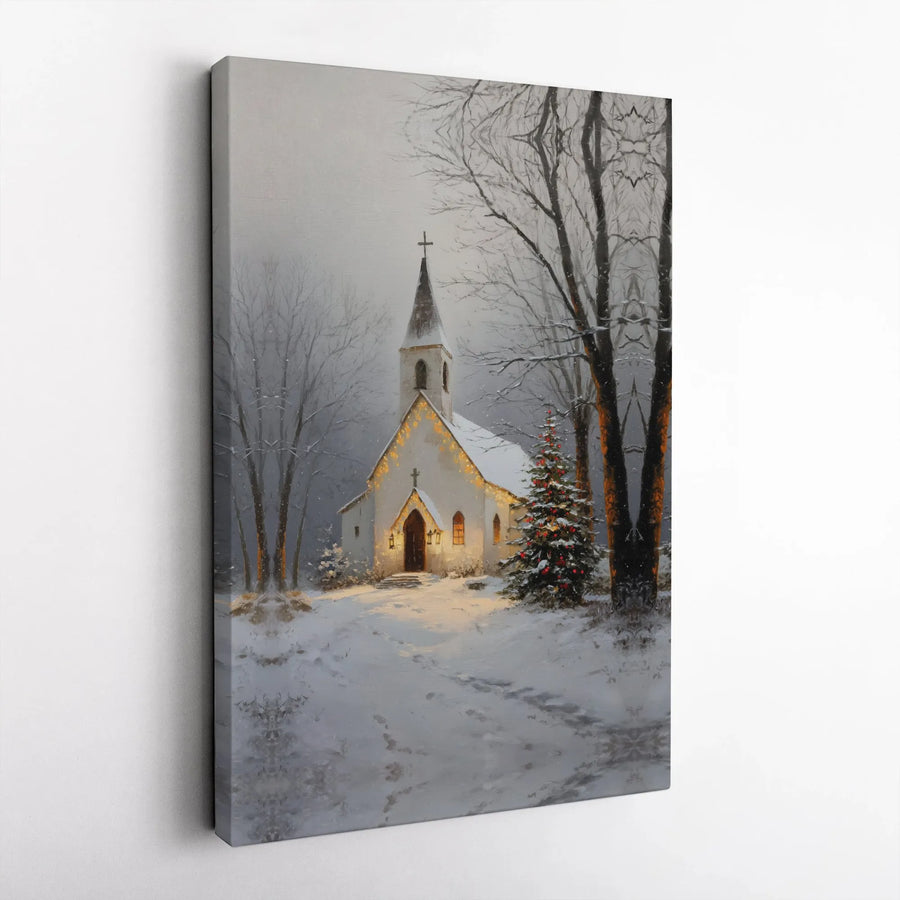 Christmas Church Canvas Print | Snowy Winter Landscape with Lit Tree | 1.25" Gallery Wrap | Religious Holiday Home Decor Gift