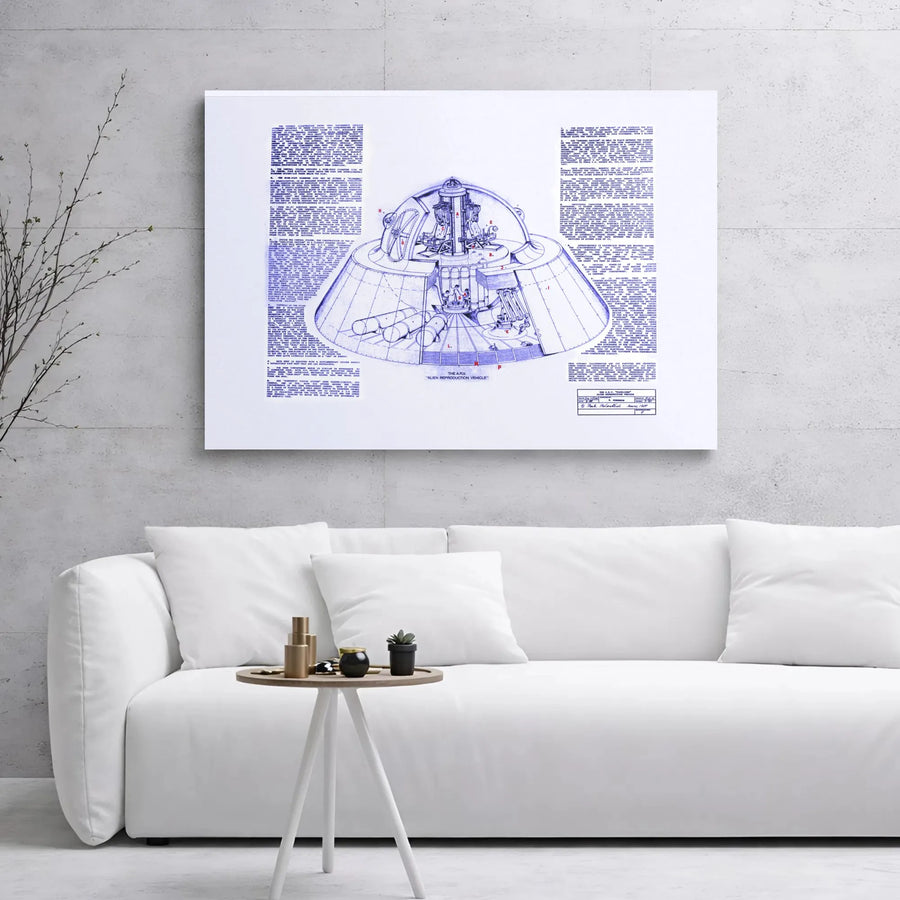 Alien Reproduction Vehicle Blueprint Canvas | UFO Schematic Wall Art | Premium Gallery Wrap Decor | Sci-Fi Collector Gift for Space Enthusiasts