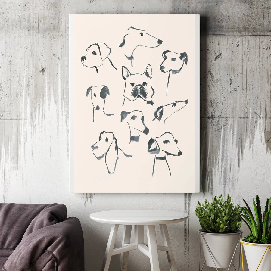 Minimalist Dog Breeds Vertical Canvas | Modern Ink Wash Sketch Illustrations | Premium Gallery Wrap Canvas | Gift for Dog Lovers & Pet Owners