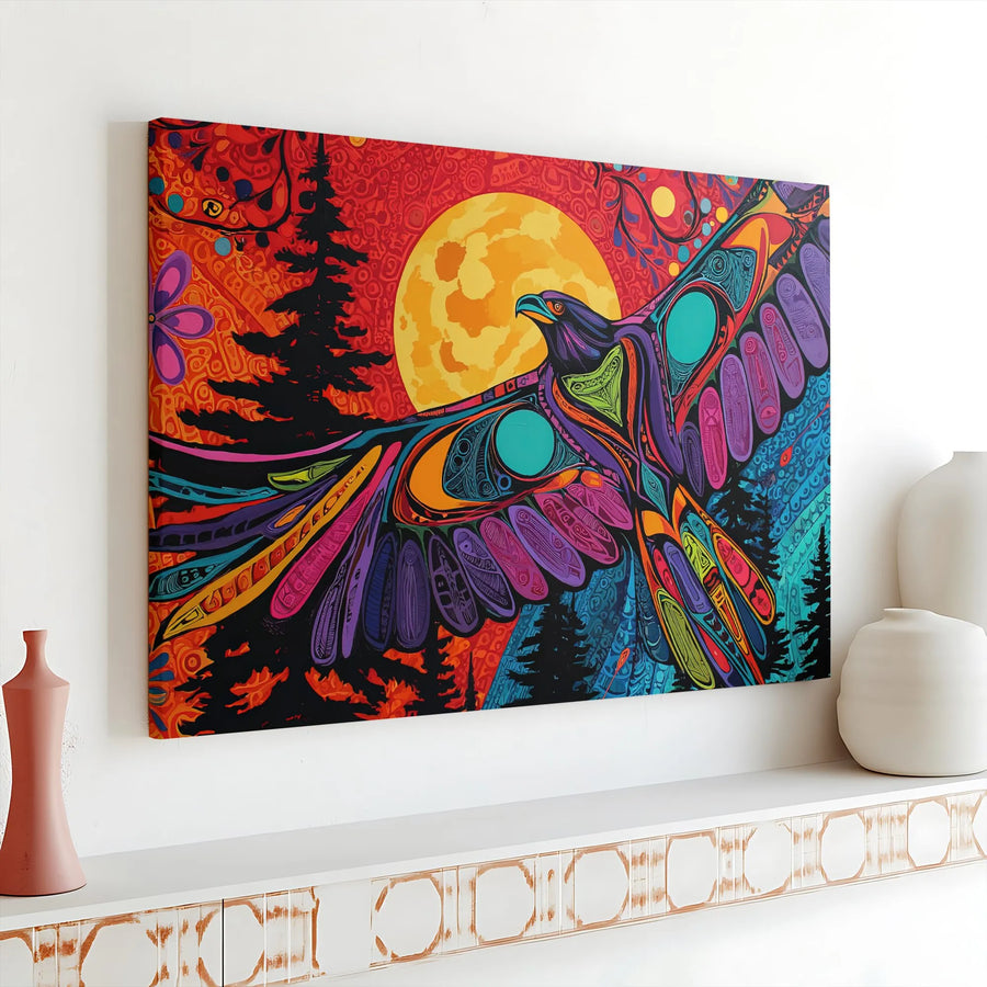Tribal Eagle Canvas Wall Art | Vibrant Forest Moon Bird Artwork | Premium Fade-Resistant Print | Boho & Rustic Home Decor Gift