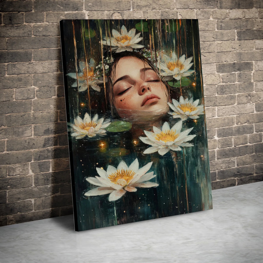 Serene Water Lily Canvas Wall Art | Mystical Woman Floating in Lotus Pond | Premium Gallery Print | Boho Bedroom Decor Gift for Her