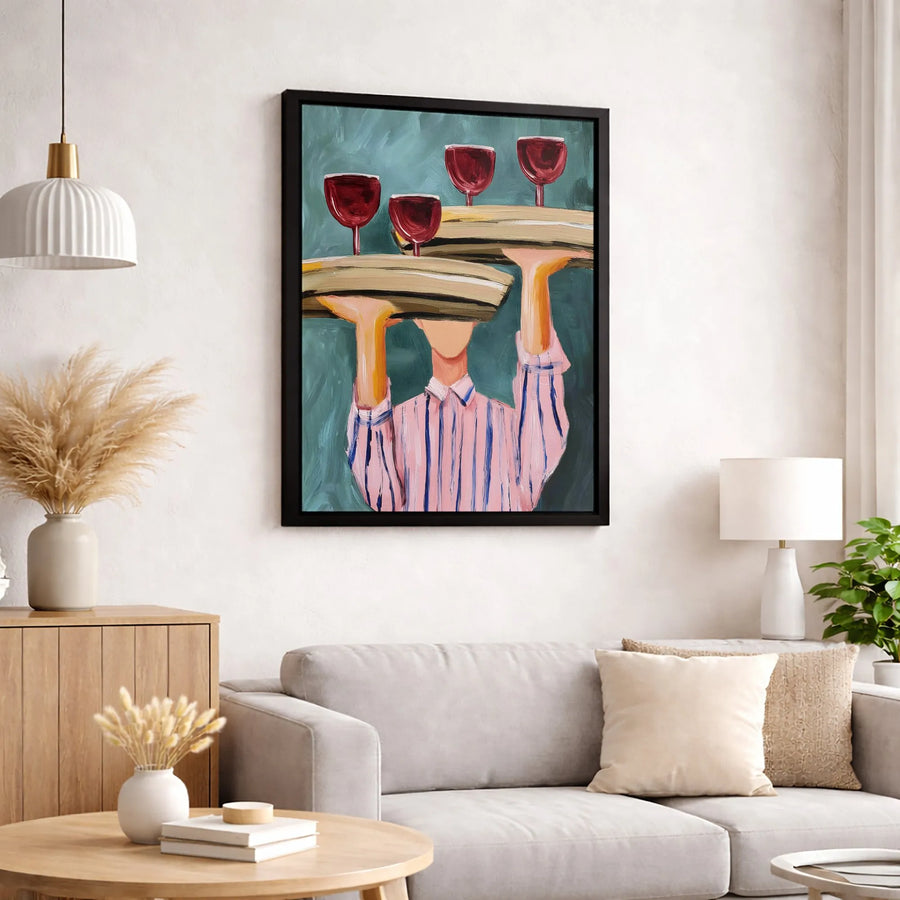 Abstract Waiter Canvas Wall Art | Red Wine Glasses Bar Decor | 1.25-Inch Gallery Wrap Print | Modern Kitchen Dining Room Gift Idea