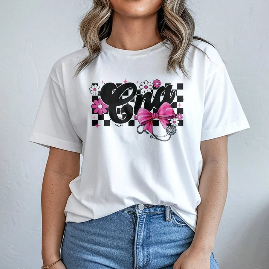 CNA Nurse T-Shirt | Coquette Bow and Retro Floral Graphic | Premium 100% Cotton | Aesthetic Gift for Nursing Students and Certified Nursing Assistants