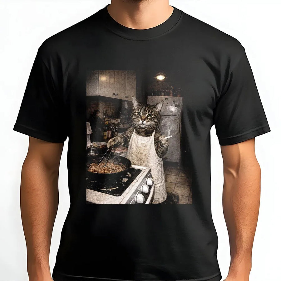 Funny Cat Meme T-Shirt | Retro Cooking Cat Graphic | Soft Unisex Crewneck | Gift for Cat Lovers and Meme Fans