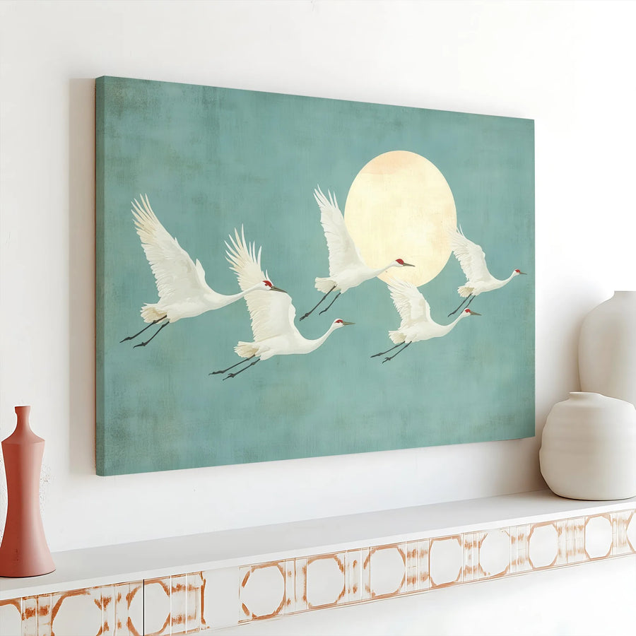 Japanese Crane Wall Art | Flying Birds with Moon Canvas Print | Premium Gallery Wrap Decor | Nature Inspired Zen Living Room Gift