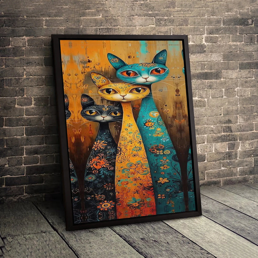 Abstract Cat Canvas Wall Art | Colorful Floral Bohemian Kittens | Premium Gallery-Wrapped Print | Whimsical Home Decor Gift for Cat Lovers