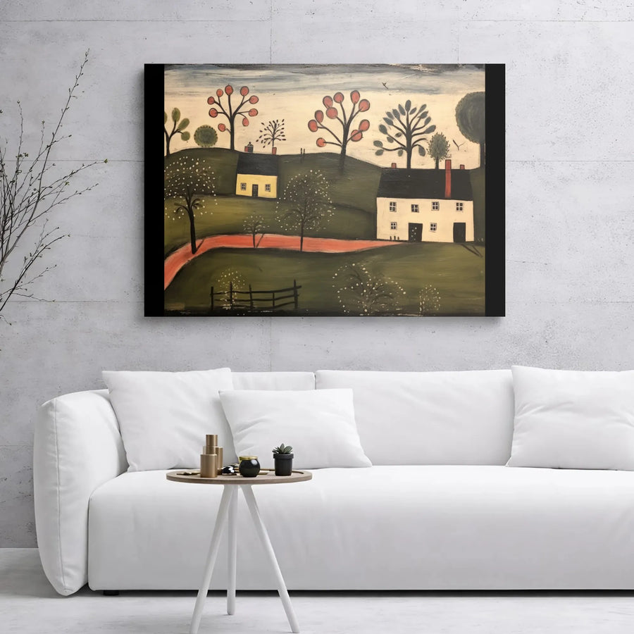 Primitive Folk Art Landscape Canvas | Countryside House Wall Decor | 1.25-Inch Gallery Wrap Print | Farmhouse Aesthetic Gift for Home