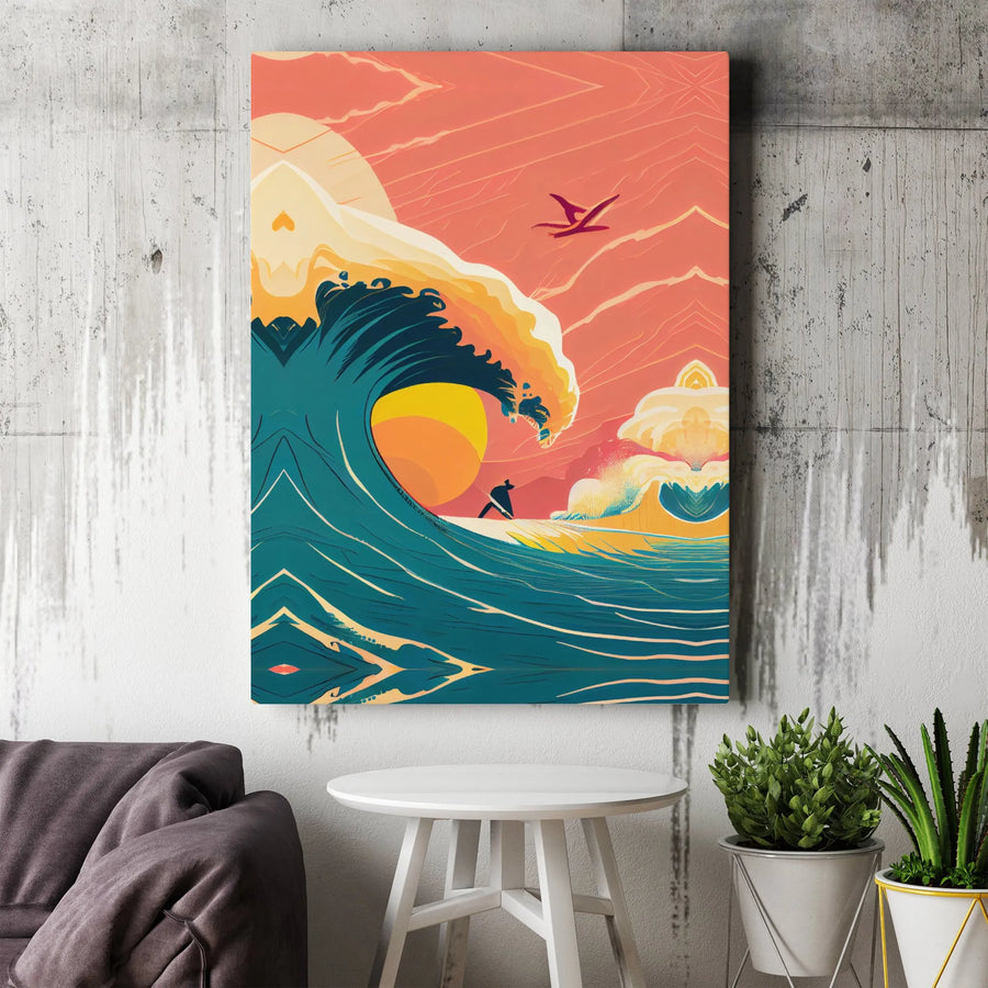 Surfing Ocean Wave Wall Art | Stylized Sunset Surfboard Print | 1.25 Inch Premium Gallery Canvas | Coastal Beach House Decor For Surfer Gift