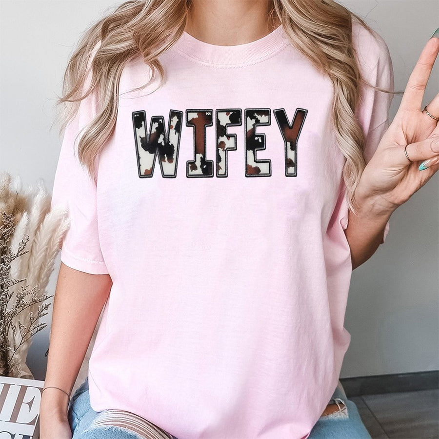 Wifey Cow Print T-Shirt | Western Aesthetic Graphic Tee | 100% Cotton Premium Quality | Bridal Shower Gift for Her Bride Retro Country Style