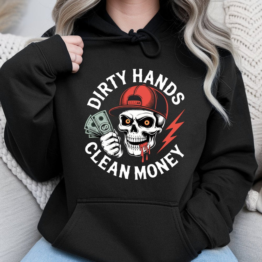 Dirty Hands Clean Money Hoodie | Skull Graphic Workwear Design | Premium Cotton-Poly Blend | Gift For Mechanics And Blue Collar Workers