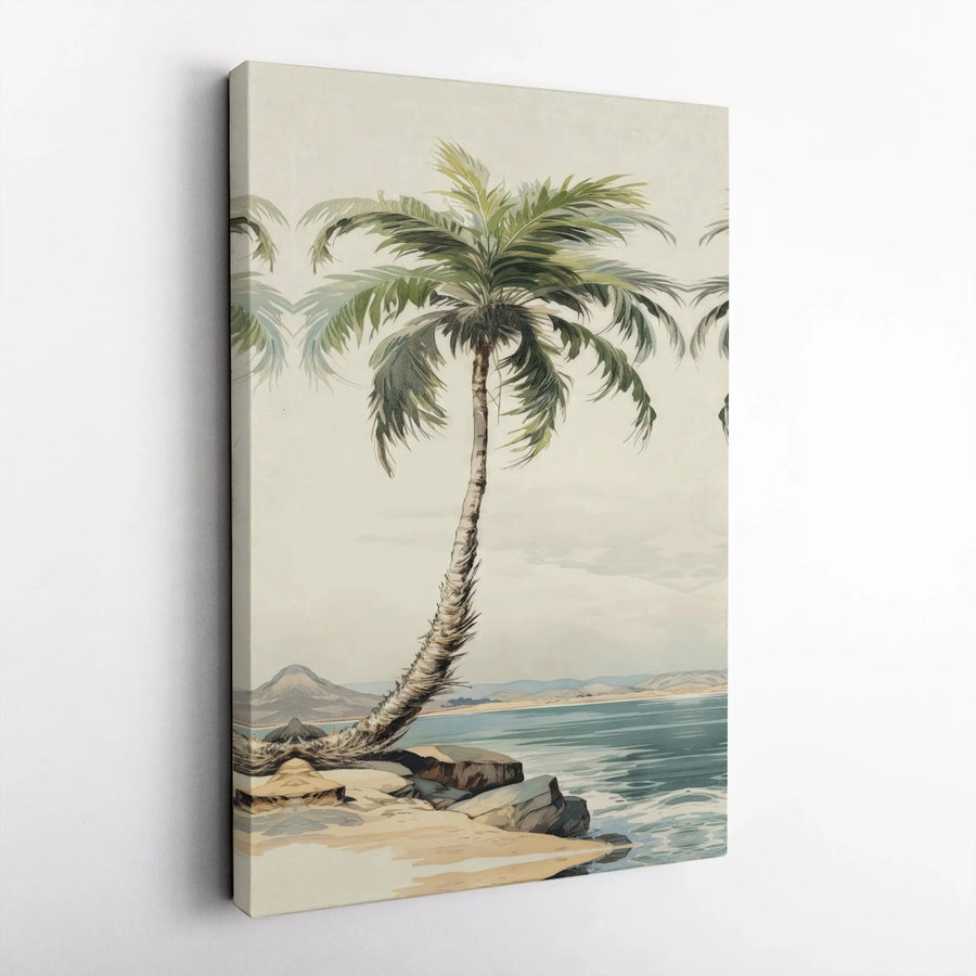 Vintage Palm Tree Canvas Art | Tropical Coastal Illustration | Premium Gallery Wrapped Print | Beach House Wall Decor Gift for Nature Lover