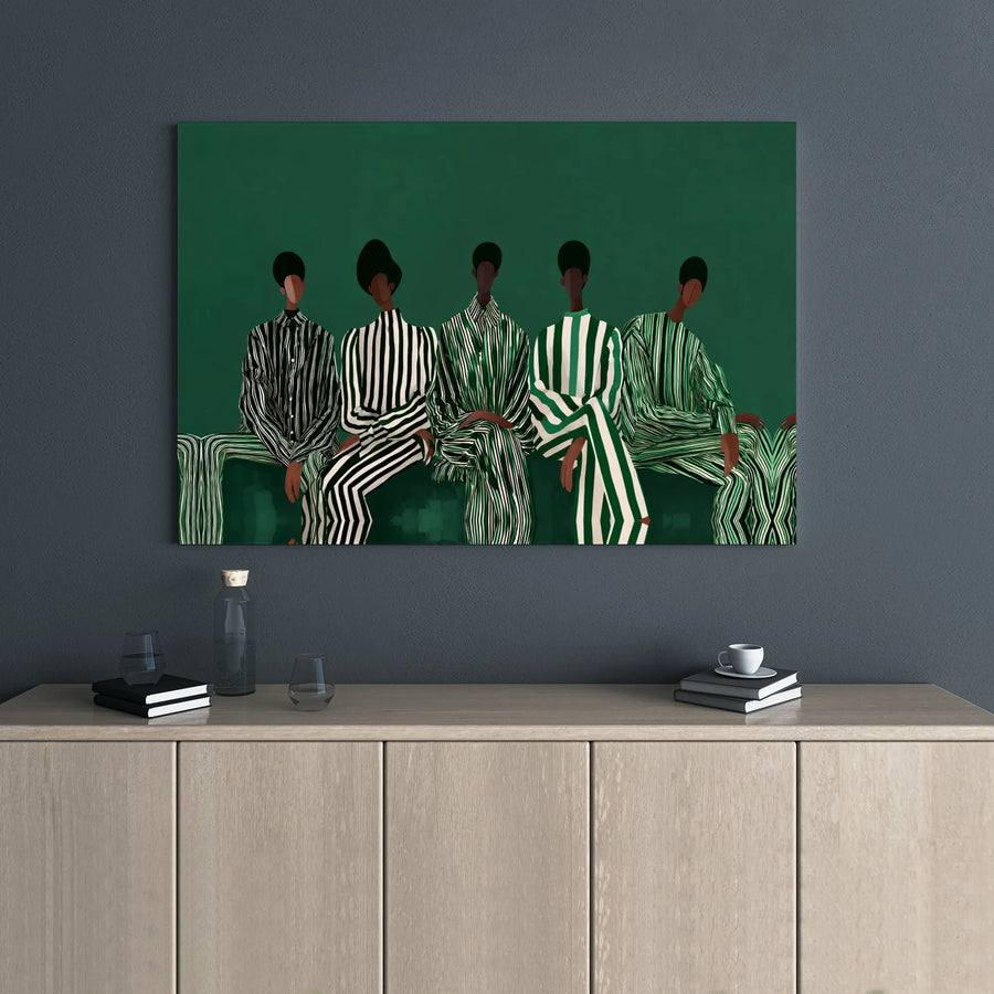Modern Black Art Canvas Print | Five Seated Figures In Green Striped Suits | Premium Gallery Wrap Wall Decor | Contemporary Minimalist Home Gift