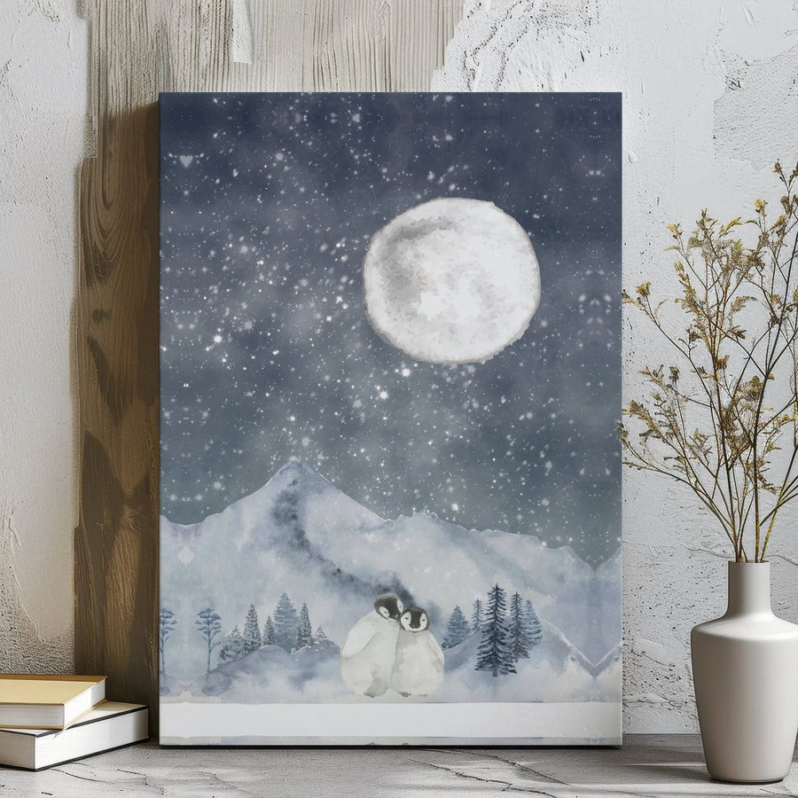 Baby Penguin Wall Art | Cuddling Penguins in Snow Under Full Moon | Premium Gallery-Wrapped Canvas | Nursery Decor or Winter Holiday Gift