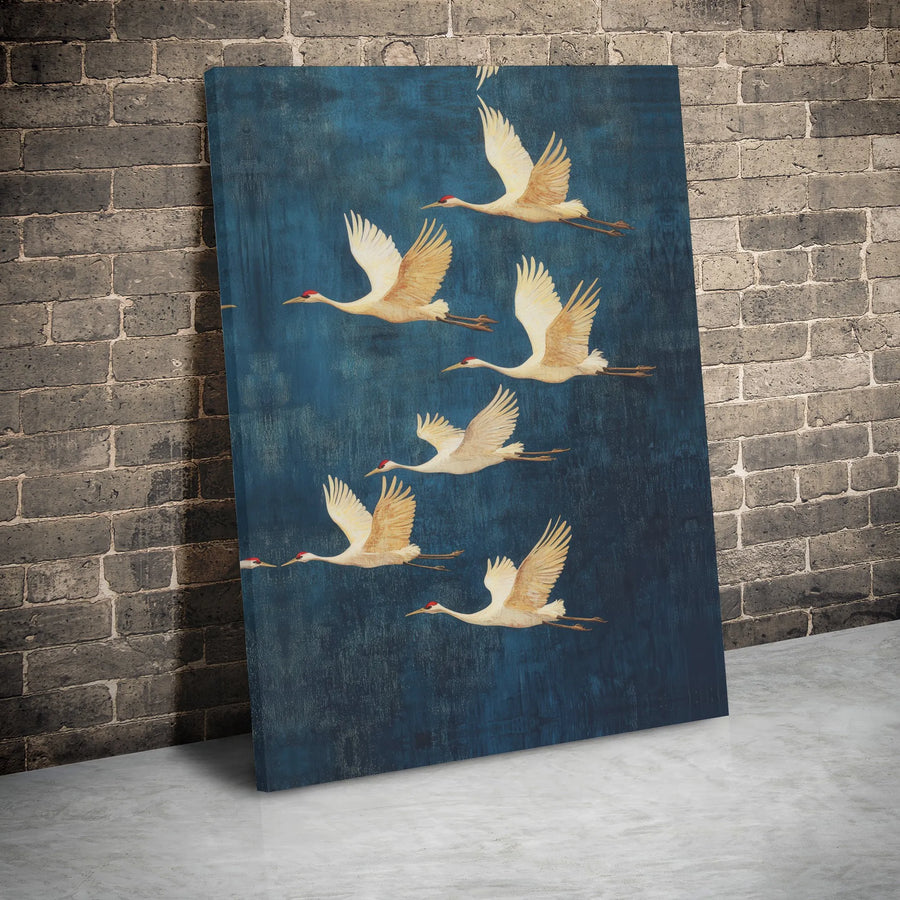 Japanese Red-Crowned Crane Wall Art | Flying Bird Nature Painting | Gallery Wrap Canvas Print | Zen Home Office Decor Gift