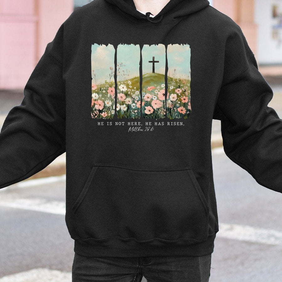 He Is Risen Christian Hoodie | Matthew 28:6 Floral Cross Graphic | Premium Cotton Blend | Easter Religious Gift for Men and Women