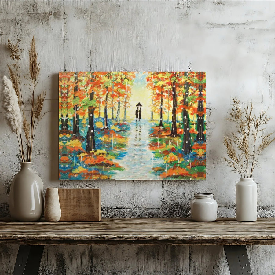 Autumn Forest Couple Painting | Romantic Rainy Walk Impressionist Art | 1.25" Gallery Wrap Canvas | Premium Home Decor Gift
