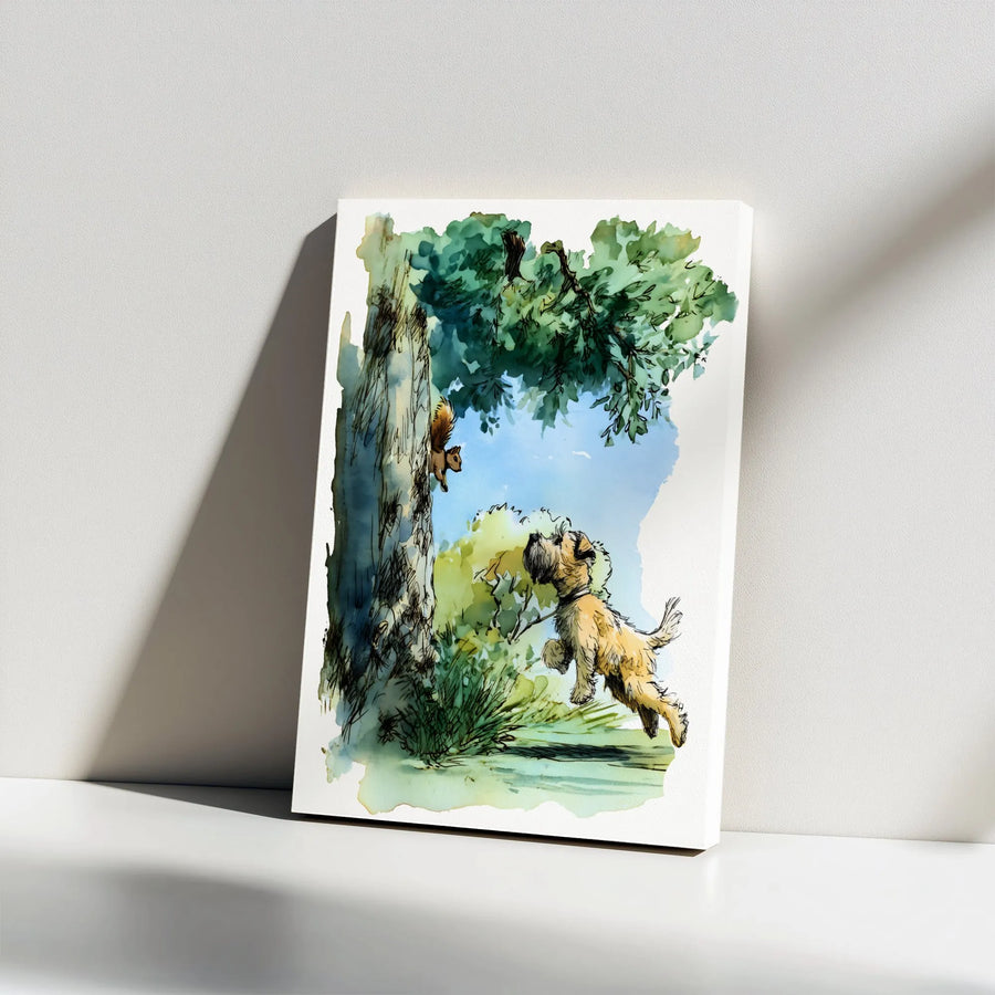 Border Terrier Wall Art | Watercolor Squirrel Chasing Dog Portrait | Premium Gallery Wrapped Canvas | Gift for Dog Lovers
