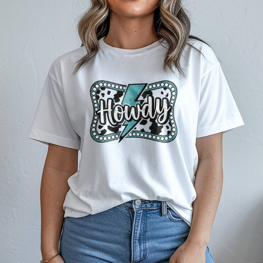 Howdy T-Shirt | Western Cowgirl Lightning Bolt Graphic | Premium 100% Cotton Tee | Country Music Festival Gift