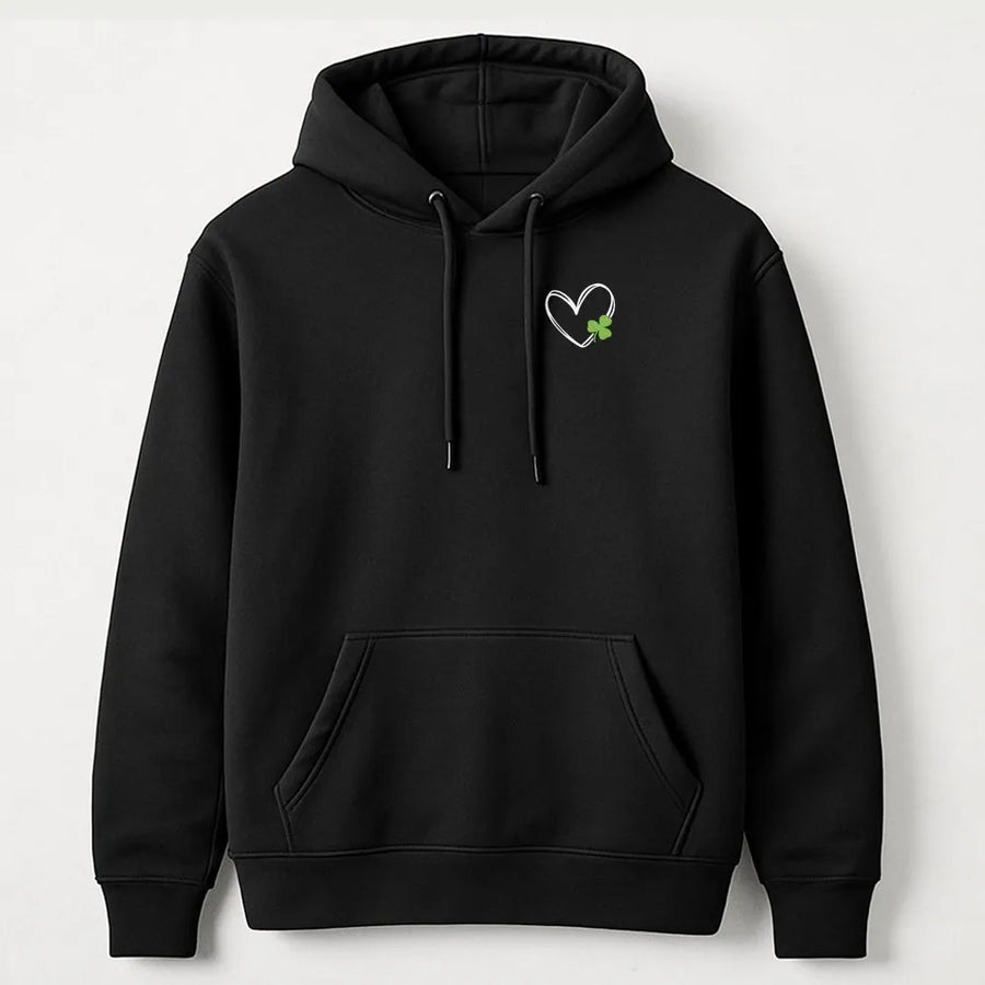 St. Patrick's Day Shamrock Heart Hoodie | Minimalist Lucky Clover Pocket Print | Soft Cotton-Polyester Blend | Unisex Festive Gift