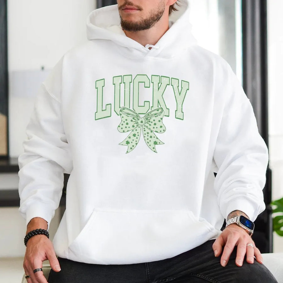 Lucky Shamrock Bow Hoodie | Vintage St. Patrick’s Day Graphic | Cotton-Poly Blend Premium Comfort | Cute Irish Holiday Gift For Women