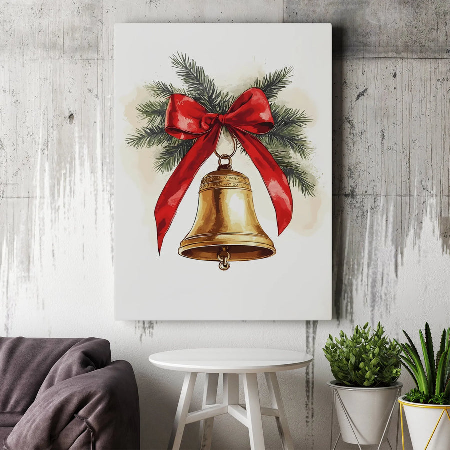 Christmas Bell Wall Art | Watercolor Holiday Decor with Red Bow and Pine | Premium 1.25-Inch Gallery Wrapped Canvas | Festive Seasonal Home Gift