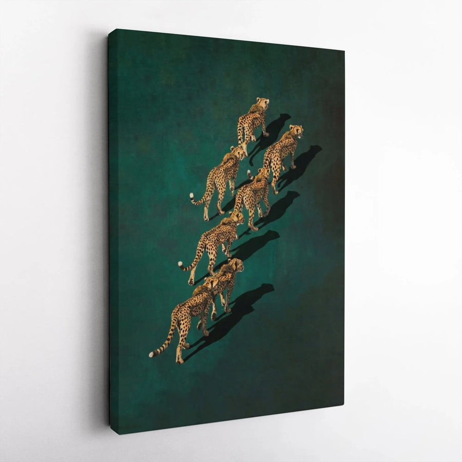 Cheetah Canvas Wall Art | Modern Walking Big Cats on Emerald Green | Premium Thick Gallery Canvas | Collector's Wildlife Art for Living Room