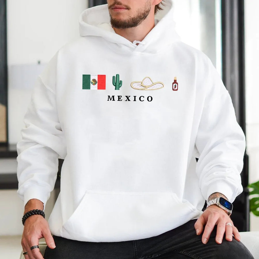 Mexico Hoodie | Cultural Flag Cactus Sombrero Hot Sauce Icons | Cotton-Blend Comfort | Hispanic Heritage Gift for Men and Women