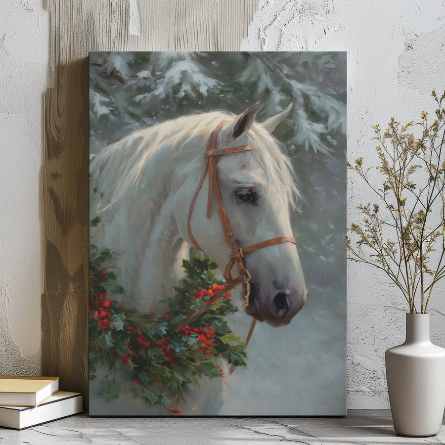 White Horse Canvas Wall Art | Christmas Holly Wreath Winter Scene | Gallery Wrapped Premium Print | Farmhouse Holiday Home Decor Gift