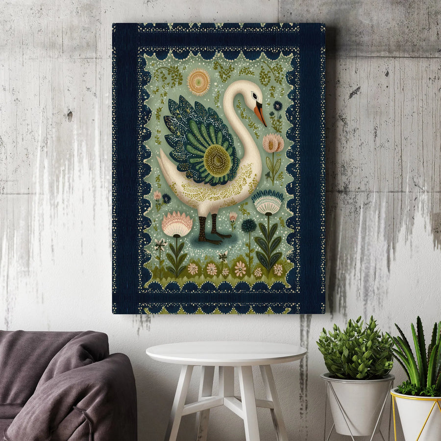Folk Art Swan Canvas Wall Art | Whimsical Floral Garden Print | Premium Gallery Wrapped Decor | Nature Lover Home Interior Gift