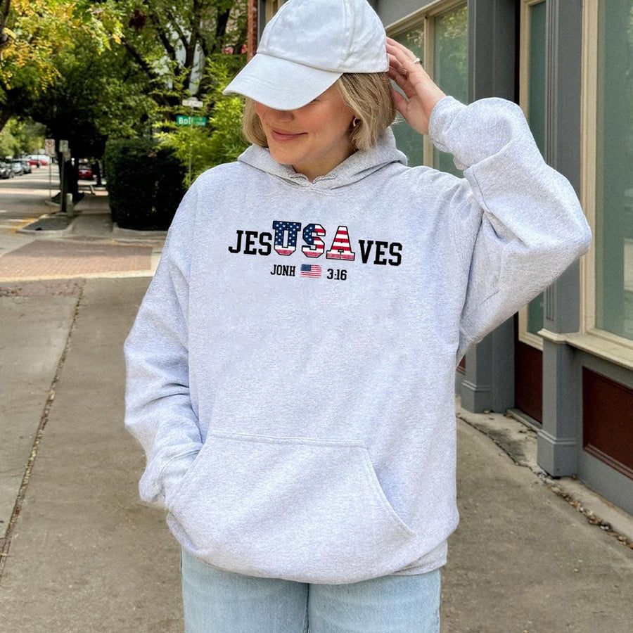 Jesus Saves USA Flag Hoodie | Patriotic Christian Faith Graphic | Premium Cotton Blend | Unisex Religious Apparel Gift