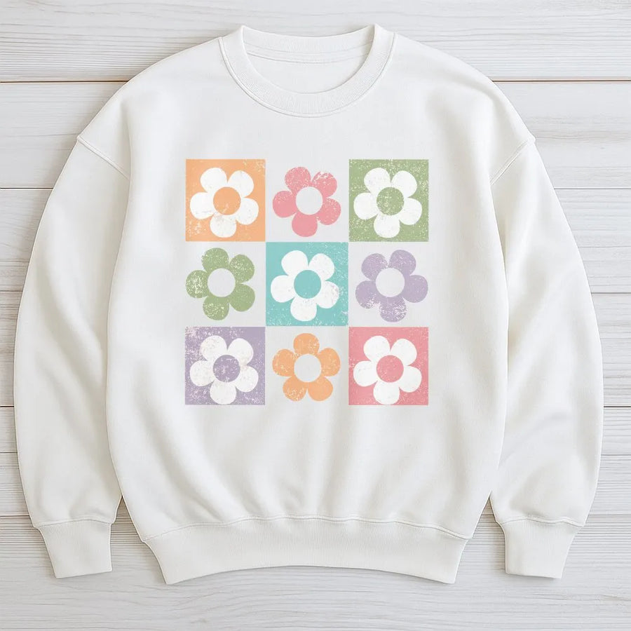 Retro Floral Grid Sweatshirt | Vintage 70s Boho Flower Graphic | Soft 100% Cotton Tee | Aesthetic Summer Gift for Her