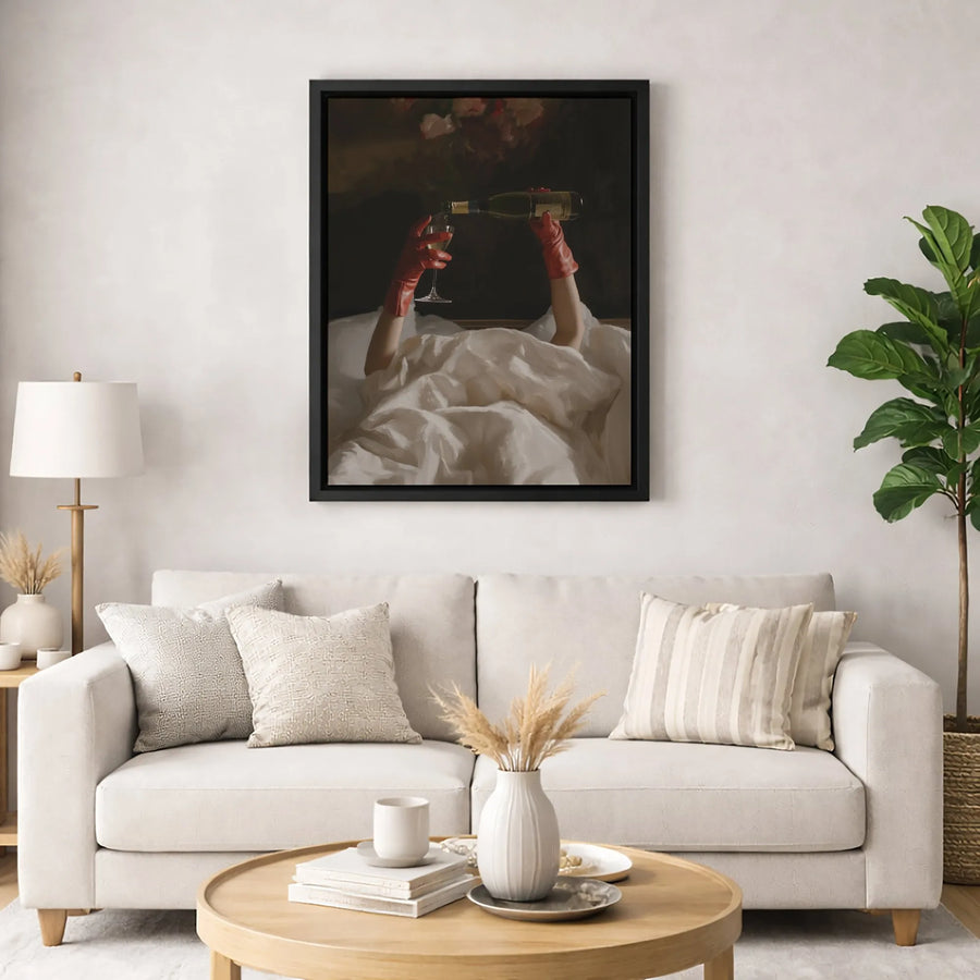 Champagne Pouring Canvas Art | Elegant Red Gloves Painting | Premium Gallery Wrap Wall Decor | Chic Bedroom Bar Cart Aesthetic Gift