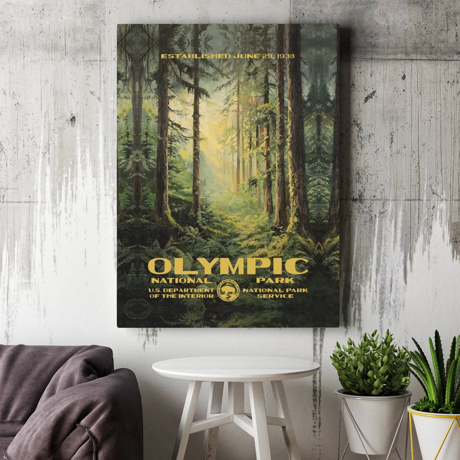 Olympic National Park Canvas Art | Vintage Style Washington Forest Poster | Premium Gallery-Wrapped Print | National Park Gift for Nature Lovers