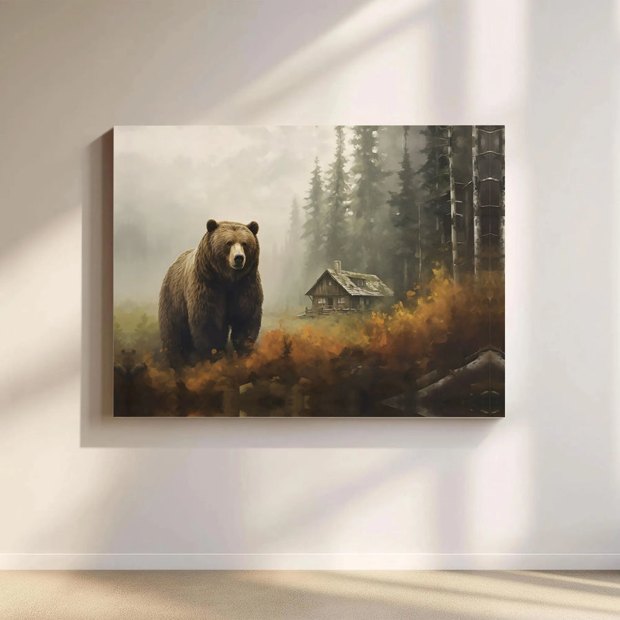 Grizzly Bear Canvas Wall Art | Foggy Autumn Forest Rustic Cabin Print | 1.25 Inch Gallery Wrap | Nature Lover Home Decor Gift