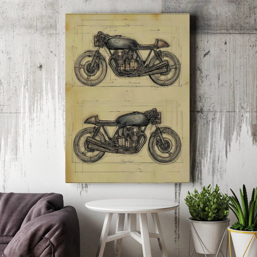 Vintage Motorcycle Canvas Wall Art | Cafe Racer Blueprint Technical Art | Premium Gallery Wrap Canvas | Man Cave & Garage Decor
