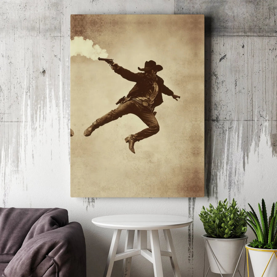 Western Cowboy Wall Art | Jumping Gunfighter Sepia Tone Print | Premium Gallery Wrapped Canvas | Vintage Americana Office Decor Gift