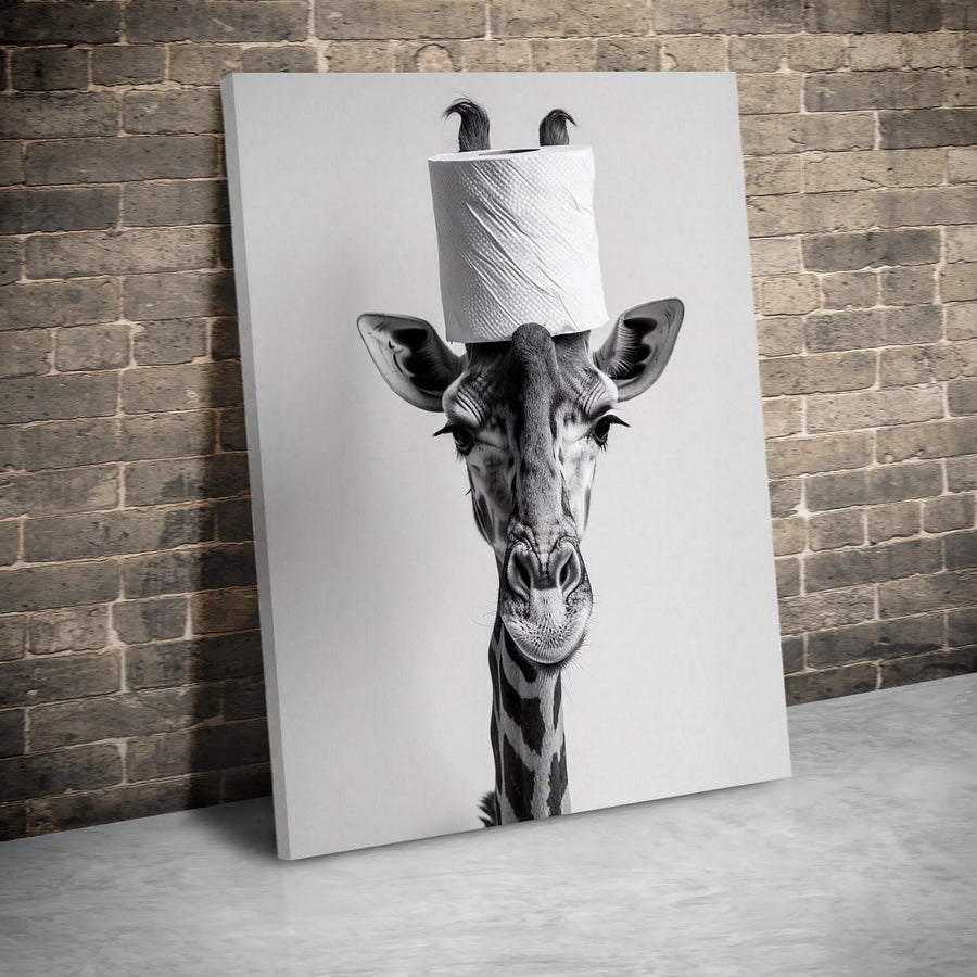 Giraffe With Toilet Paper On Head Canvas | Funny Animal Bathroom Wall Art | Premium Fade-Resistant Print | Quirky Home & Office Decor Gift