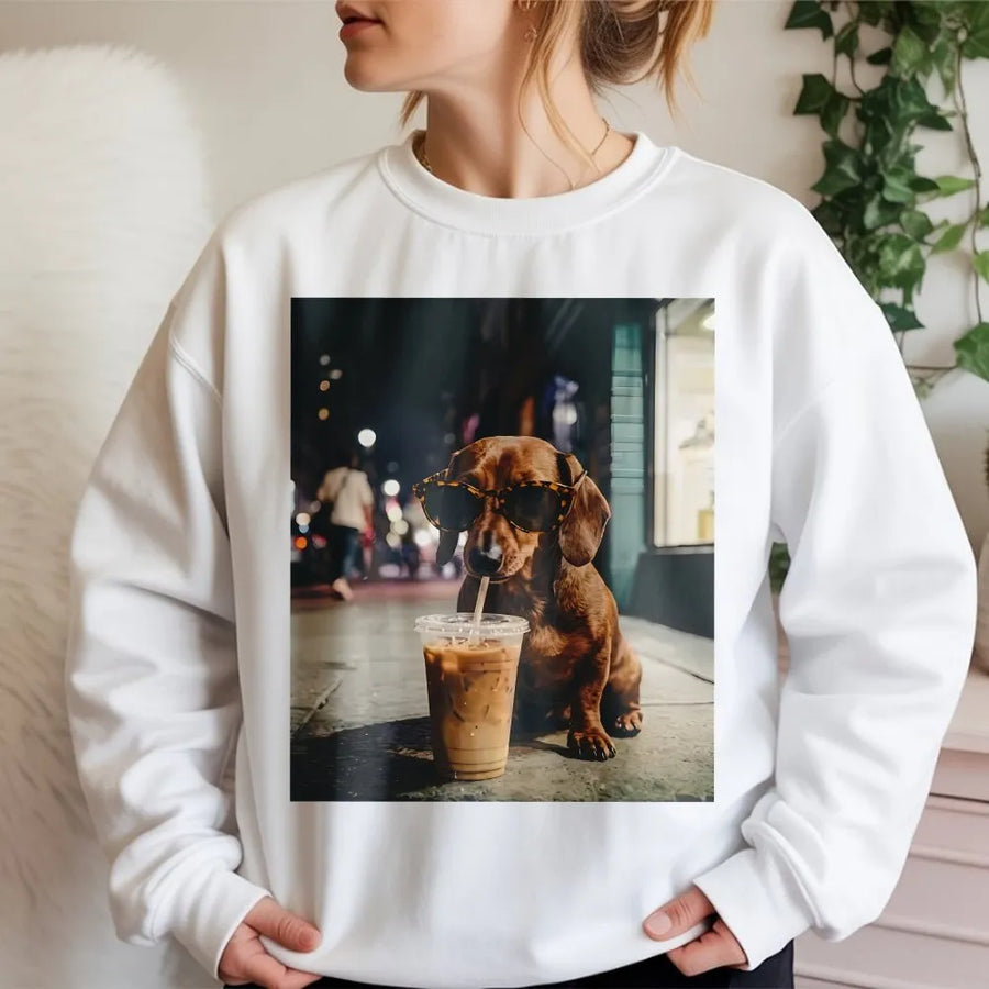 Dachshund Sweatshirt | Funny Wiener Dog with Sunglasses Drinking Coffee | Premium Cotton Blend Pullover | Gift for Dog Lover